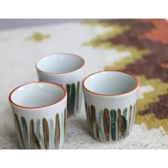 1970's Vintage Earthy Japanese Sake Shot Glasses Set of 3 ~ Ceramic Crackle - Picture 1 of 5